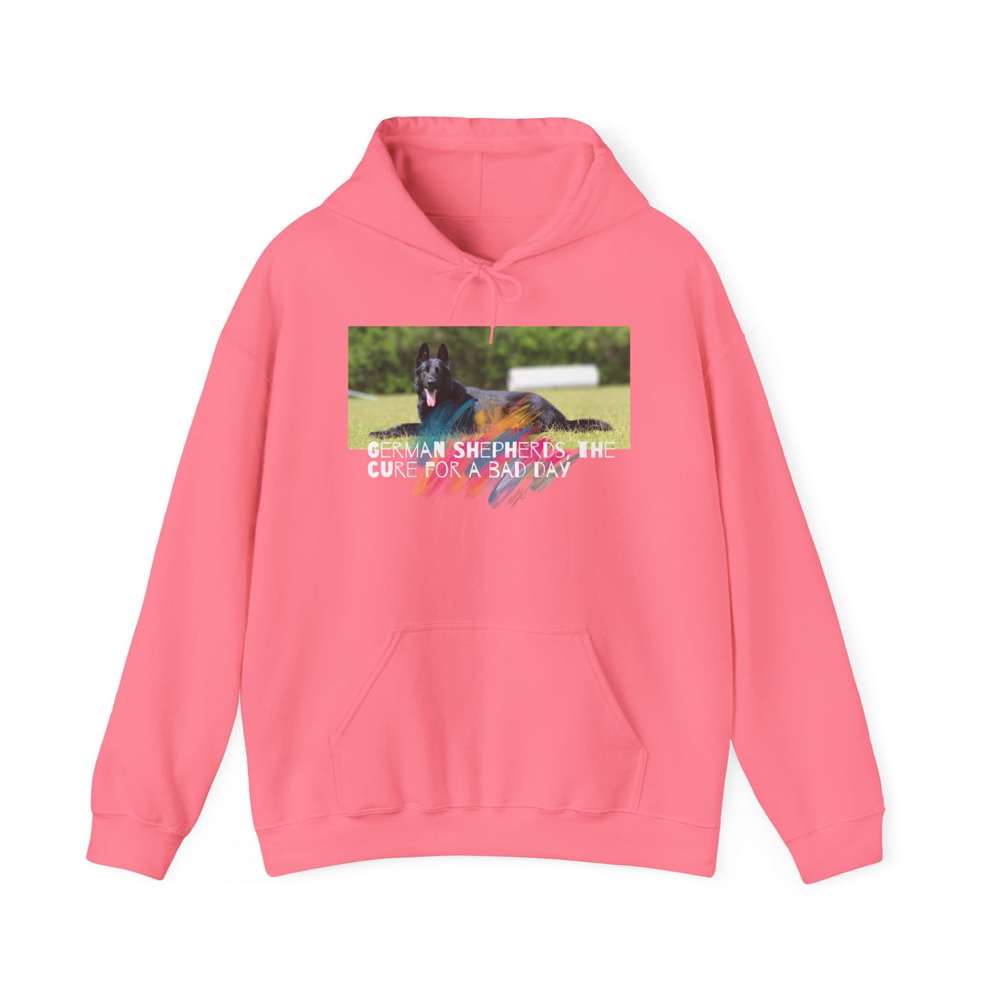 Unisex Dog Lover Hoodie With a Black German Shepherd Leaving Tongue Out and Caption The Cure for Bad Day