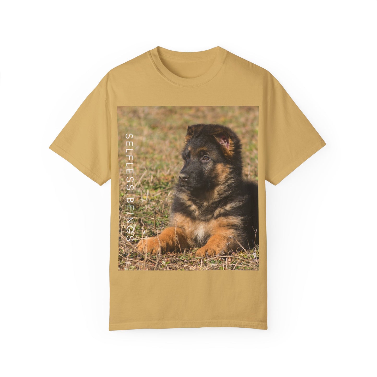 Unisex Dog Lover T-Shirt With Beautiful German Shepherd Puppy Resting On the Grass and Caption Selfless Beings