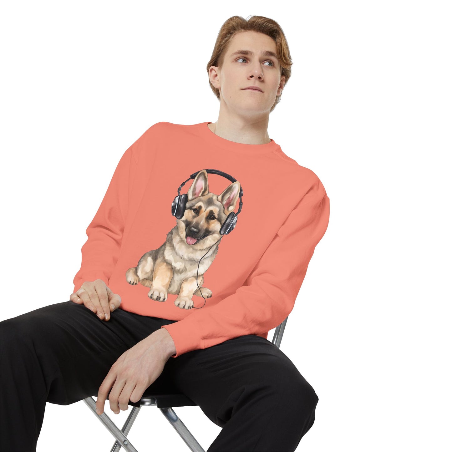 Unisex Dog Lover Sweatshirt With a German Shepherd Wearing Headphones Enjoying Music