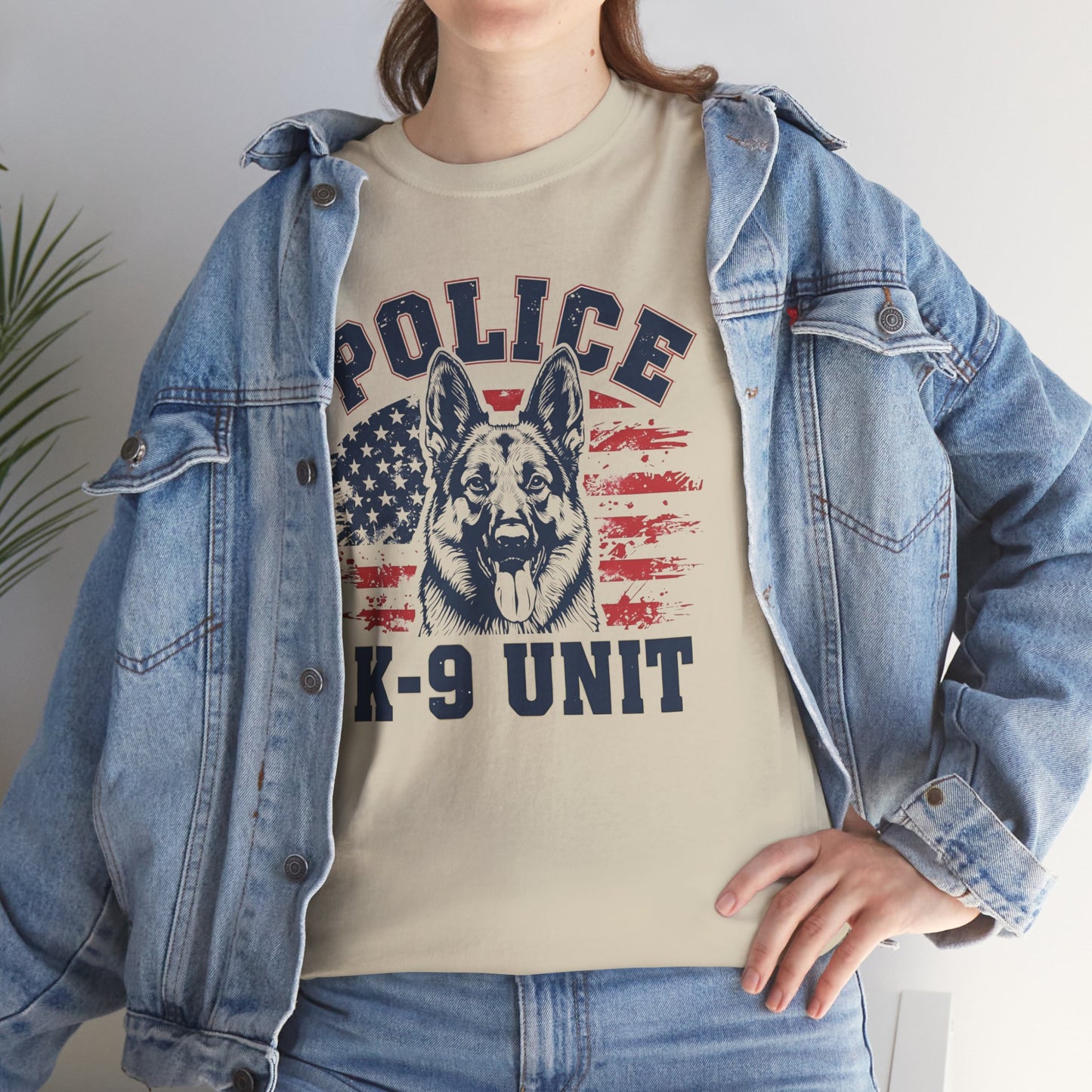 Patriotic Police K-9 Unit T-Shirt With American Flag in Background, Unisex Heavy Cotton Tee