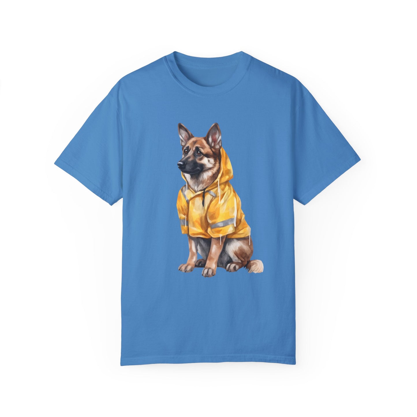 Unisex Dog Lover T-Shirt With a Graphic of German Shepherd Wearing a Yellow Rain Coat