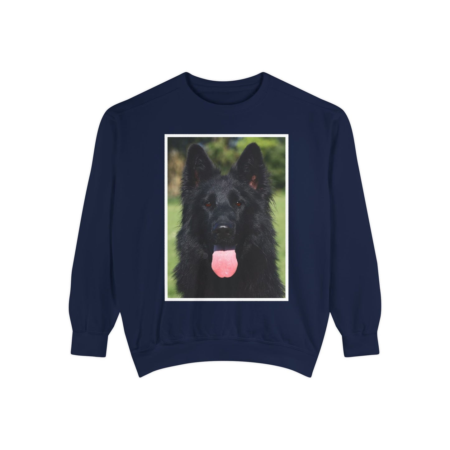 Unisex Dog Lover Sweatshirt With a Close Up of Solid Black German Shepherd Leaving Hanging Tongue