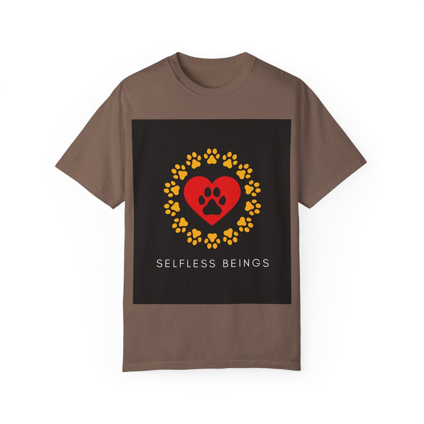 Unisex Dog Lover T-Shirt With Graphic of Yellow Paw Prints In Circle Contain Red Heart Which Contains Black Dog Paw Print Inside and Caption Selfless Beings