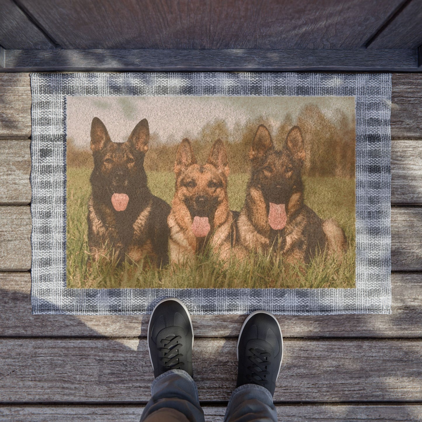 Dog Lovers Doormat Featuring Three Giant Working Line German Shepherd Sitting in a Row