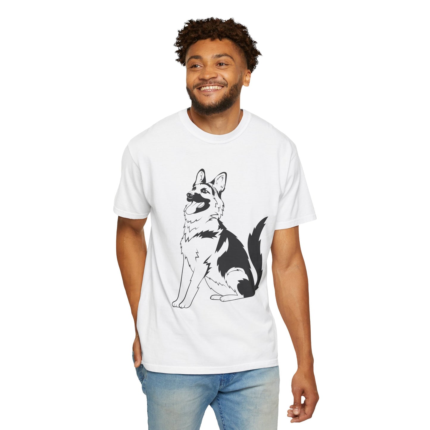 Unisex Dog Lover T-Shirt With a Graphic of Black and Transparent German Shepherd Sloppily Sitting