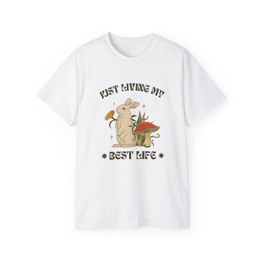 Unisex Ultra Cotton Tee - Just Living My Best Life Bunny Design, Cute Rabbit Shirt, Gift for Animal Lovers, Spring Fashion