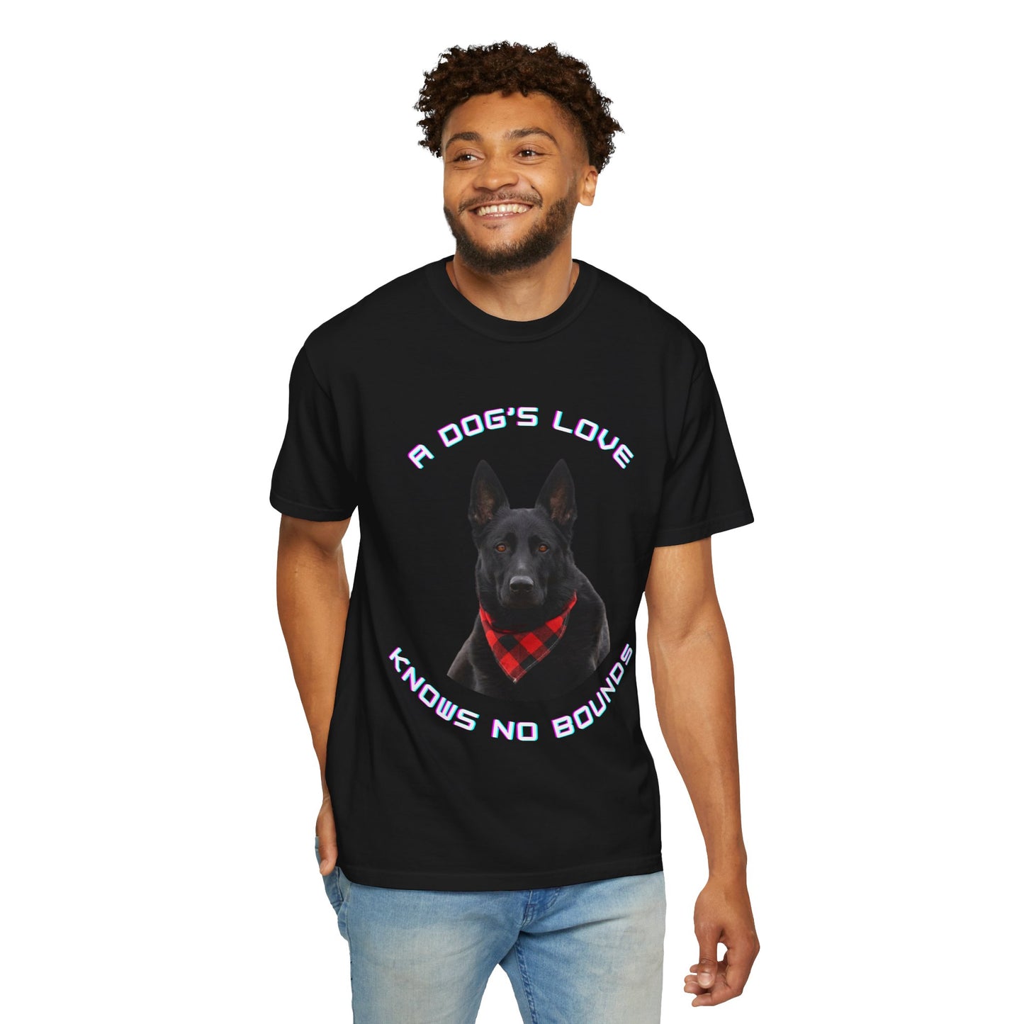Unisex Dog Lover T-Shirt With Black German Shepherd Wearing a Romal and Quote A Dog’s Love Knows No Bounds