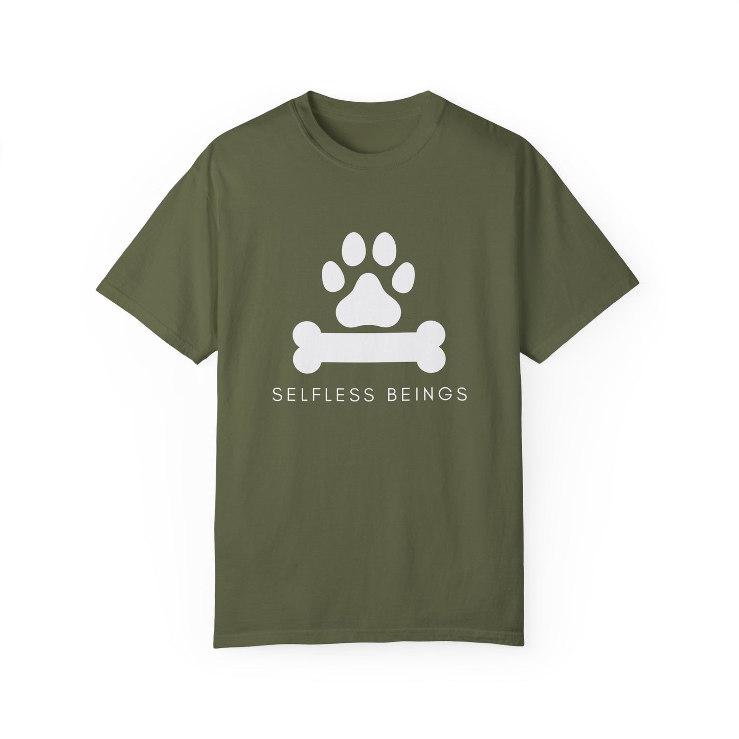 Unisex Dog Lover T-Shirt With Graphic of Dog Bone and Paw and Caption Selfless Beings