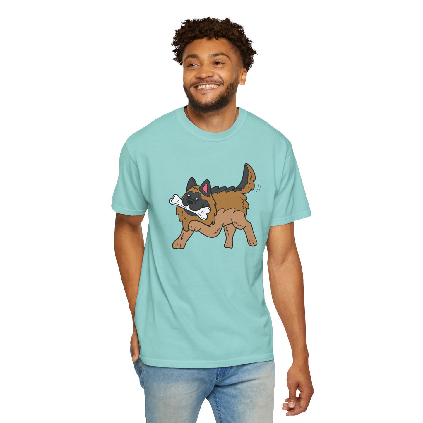 Unisex Dog Lover T-Shirt With a Graphic of a German Shepherd Holding a White Bone in Mouth