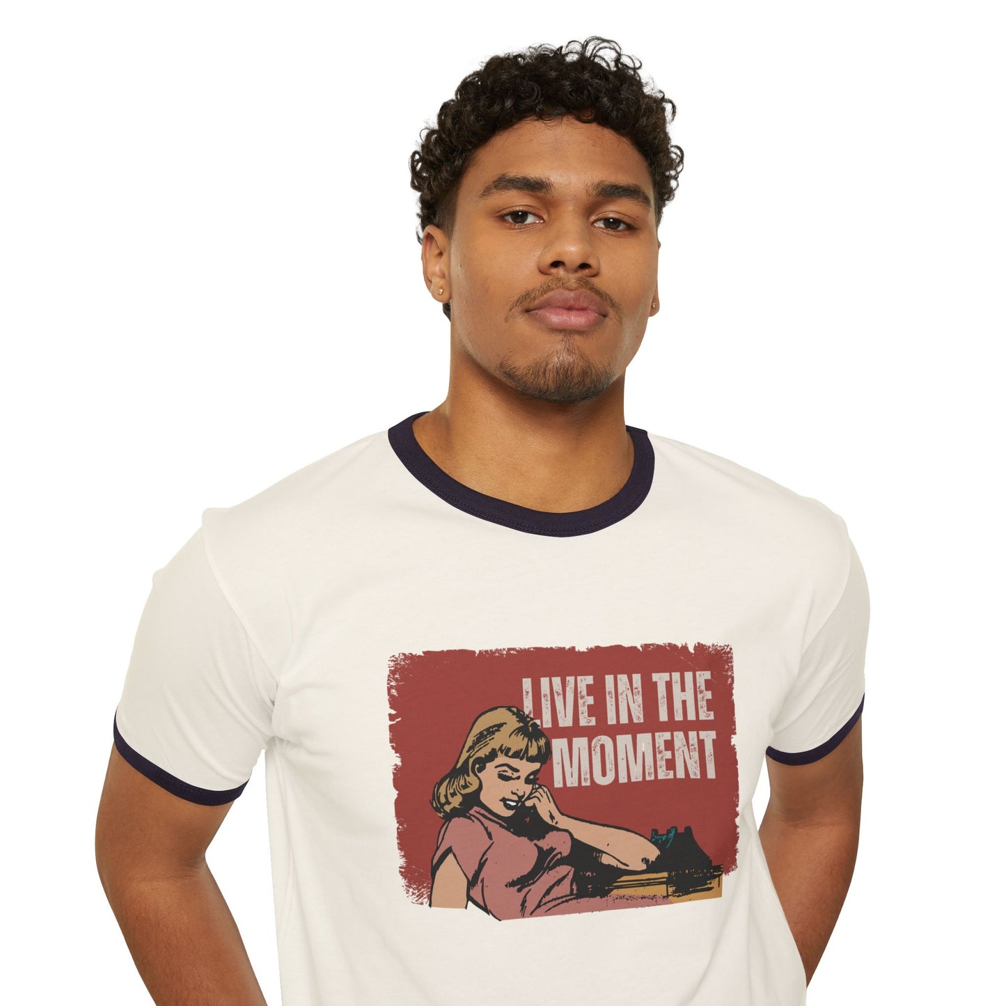 Live in the Moment Unisex Cotton Ringer T-Shirt, Retro Graphic Tee, Casual Wear, Gift for Her, Motivational Trendy Top