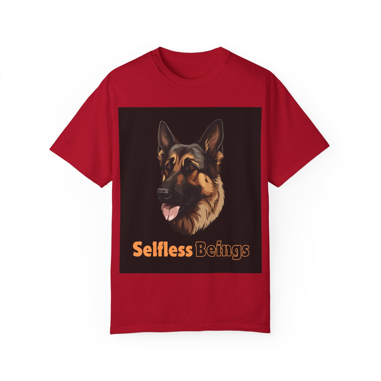 Unisex Dog Lover T-Shirt With Close Up Graphic of German Shepherd and Caption Selfless Beings is Written with Text Effect in Light Orange