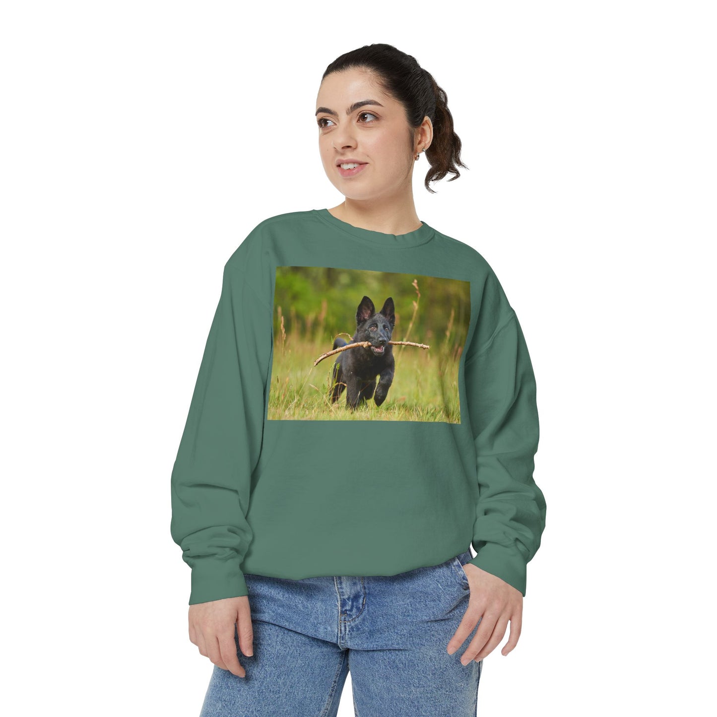 Unisex Dog Lover Sweatshirt With Black German Shepherd Puppy Running on the Grass Holding a Stick in the Mouth
