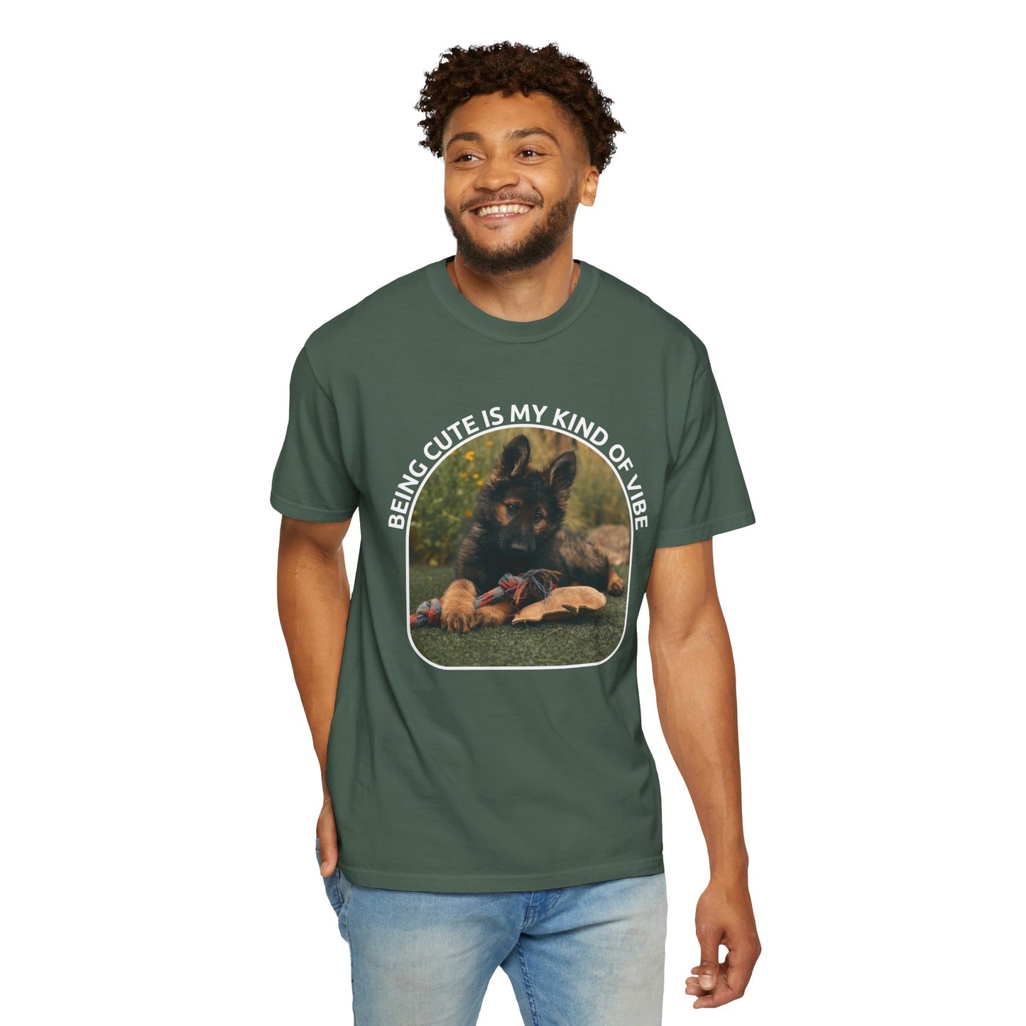 Unisex Dog Lover's T-Shirt With a German Shepherd Puppy and Caption Being Cute is My Kind of Vibe
