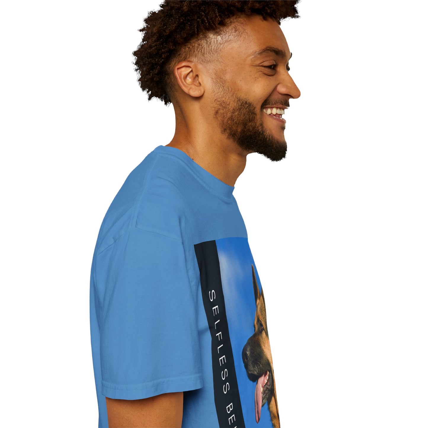 Unisex Dog Lover T-Shirt With Close Up of German Shepherd, Blue Sky in Background and Caption Selfless Beings