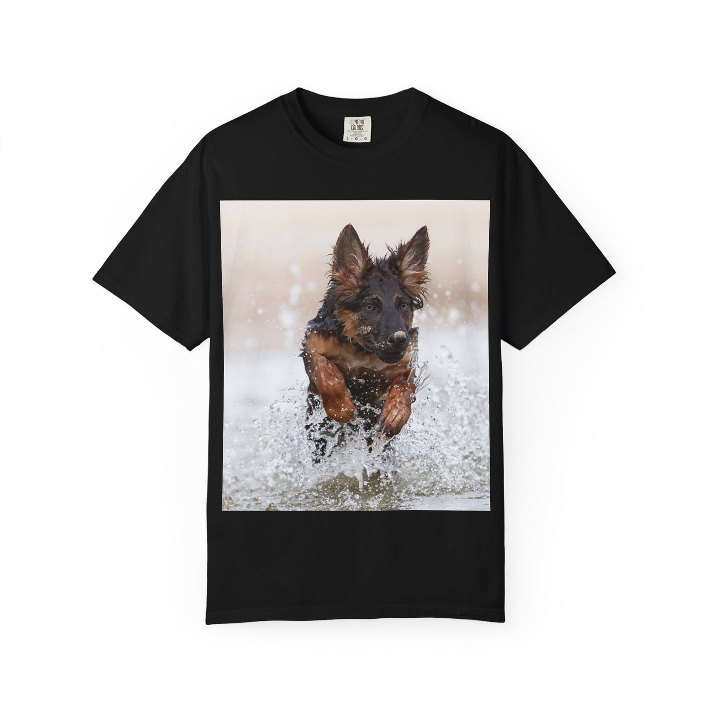 Unisex Dog Lover T-Shirt Featuring a German Shepherd Puppy Jumping In The Water