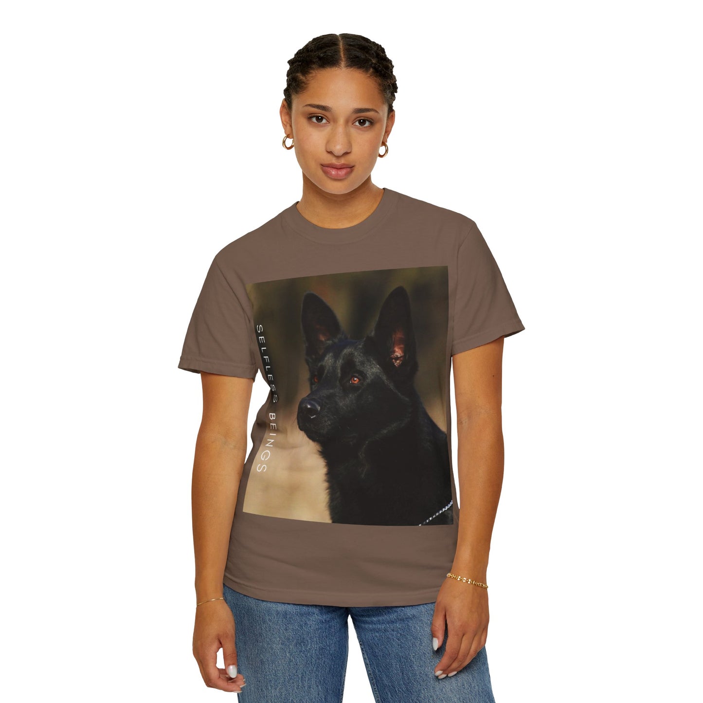 Unisex Dog Lover T-Shirt With Close Up of Serious Looking Solid Black German Shepherd and Caption Selfless Beings