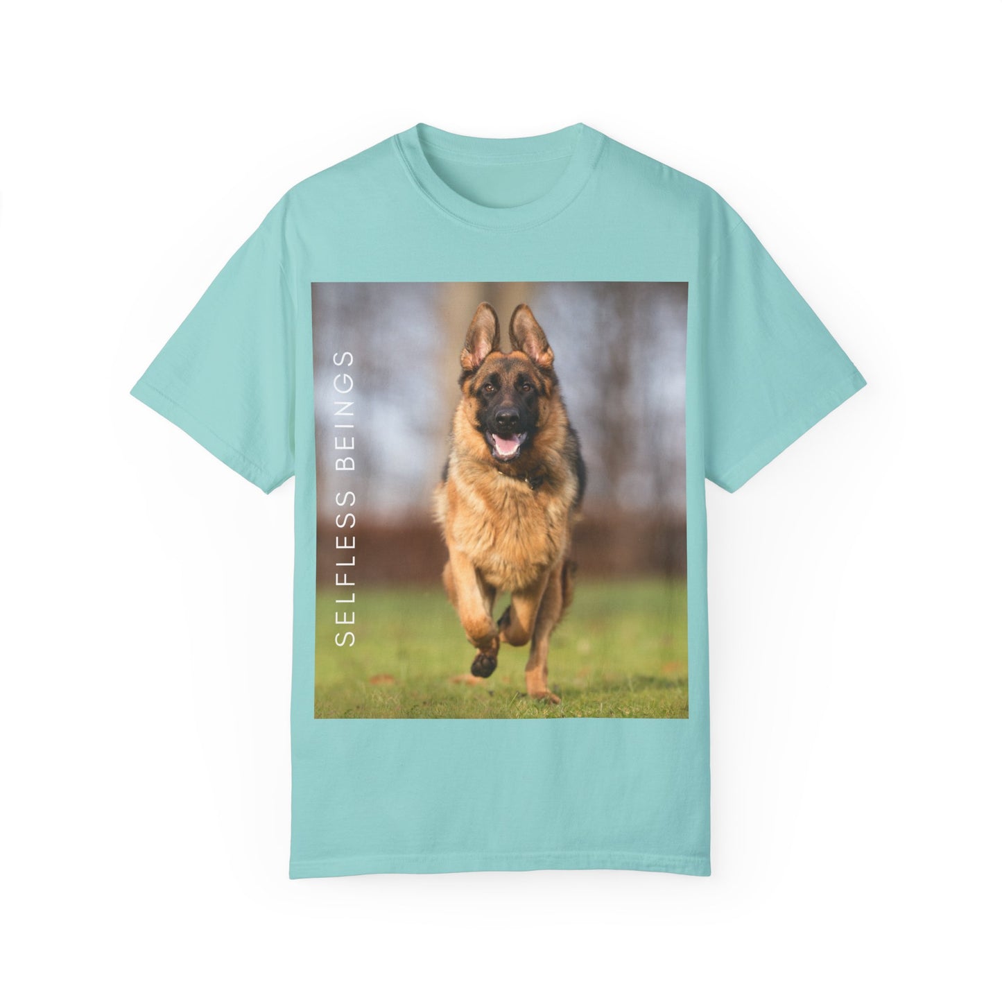 Unisex Dog Lover T-Shirt With Large German Shepherd Running on the Grass and Caption Selfless Beings
