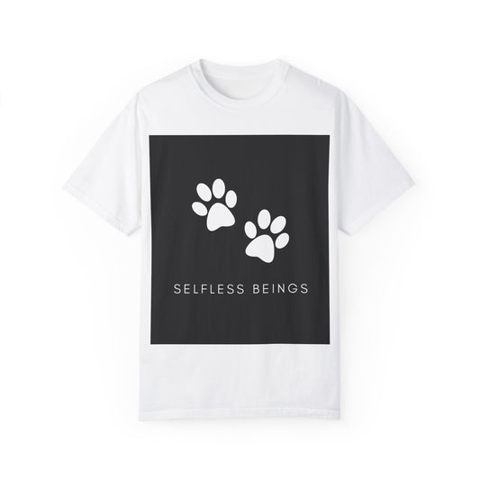 Unisex Dog Lover T-Shirt With White Dog Paw Prints and Caption Selfless Beings