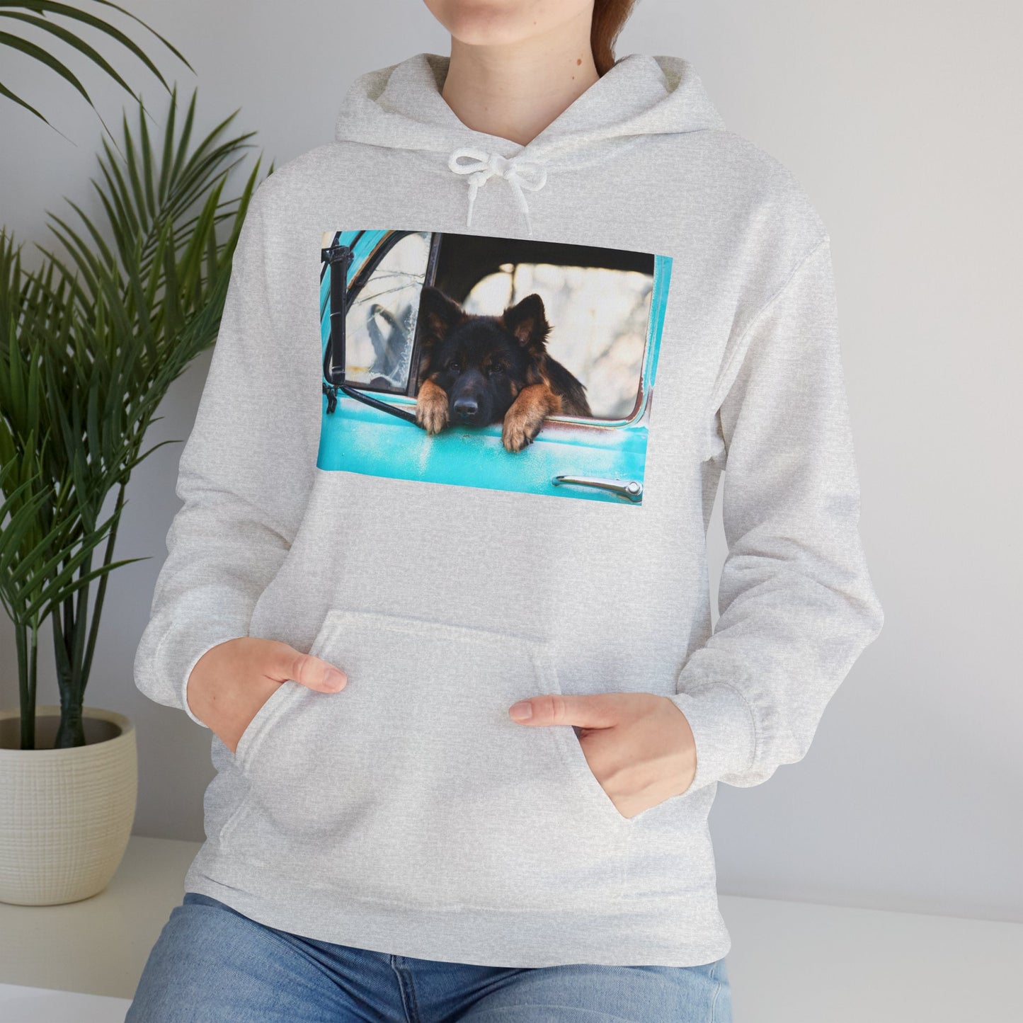 Unisex Dog Lover Hoodie With German Shepherd Puppy Putting His Head and Front Legs On The Truck Seat's Window