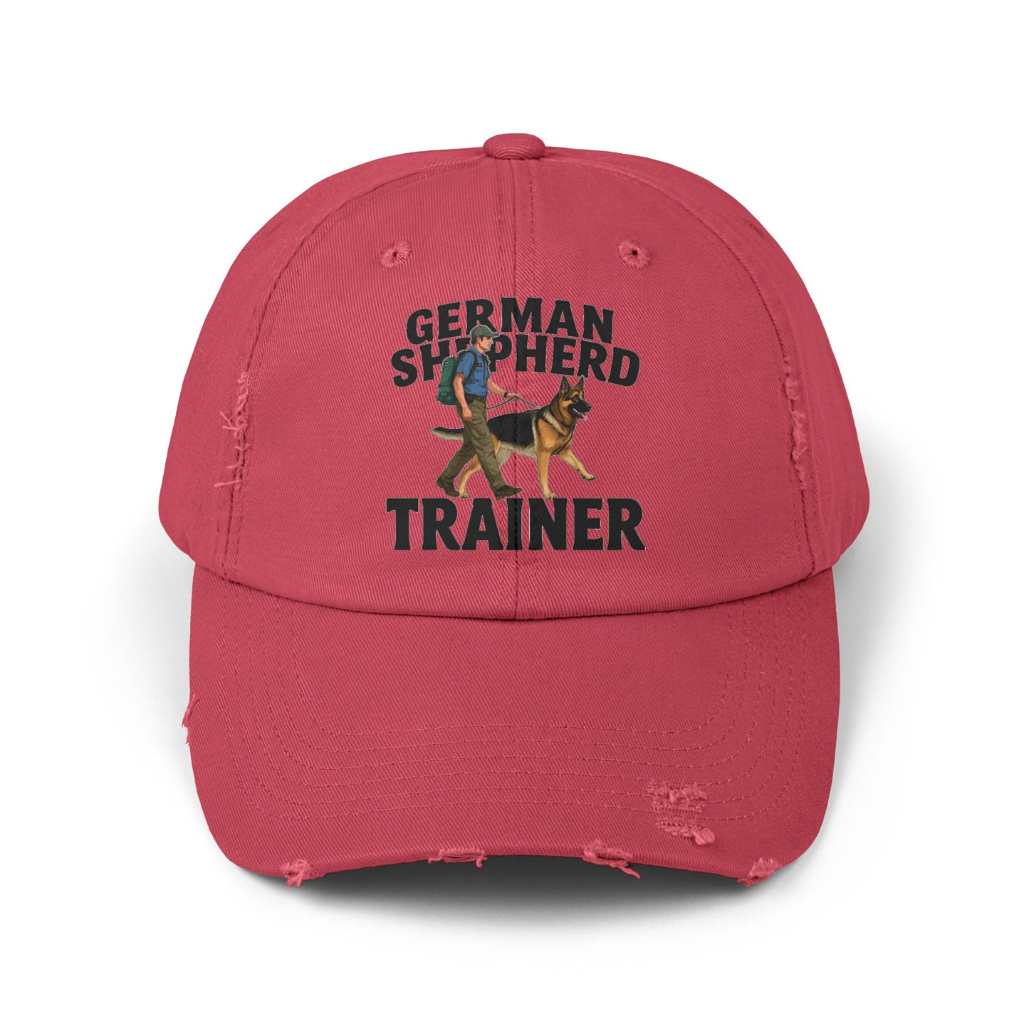 Unisex Distressed Cap Featuring a Trainer Leading German Shepherd, Dog Trainer Gift