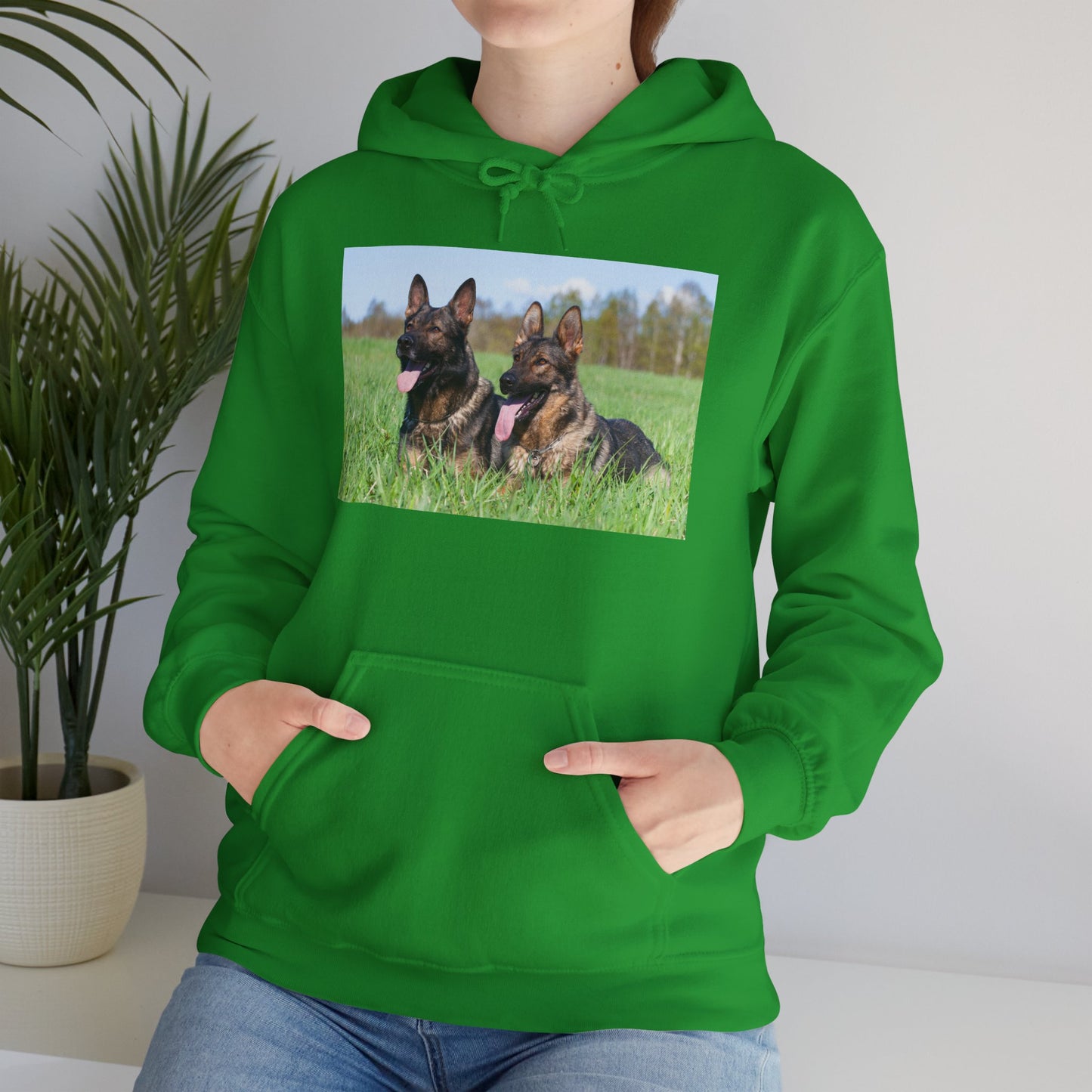 Unisex Hoodie With Two Giant German Shepherds Lying on the Grass With Tongues Out