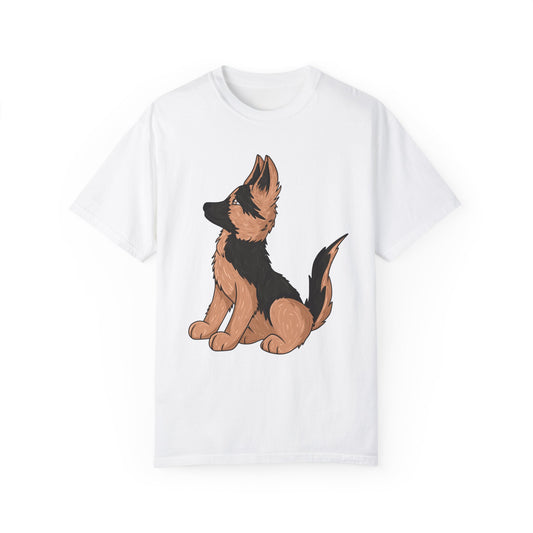 Unisex Dog Lover T-Shirt With a Graphic of Cute German Shepherd Puppy Looking Upward