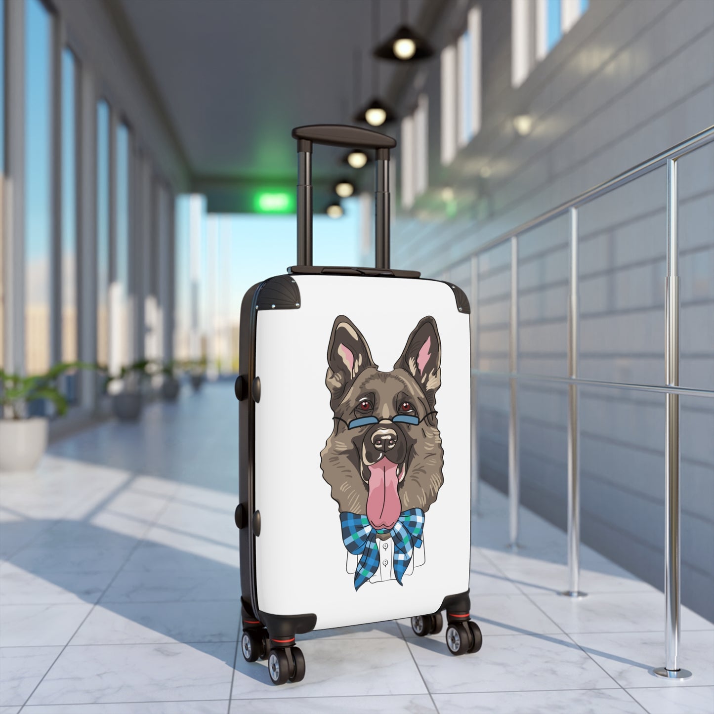 Stylish Pet-Lover Suitcase - Funny German Shepherd Wearing Blue Glasses and Bow Tie Leaving Tongue Out