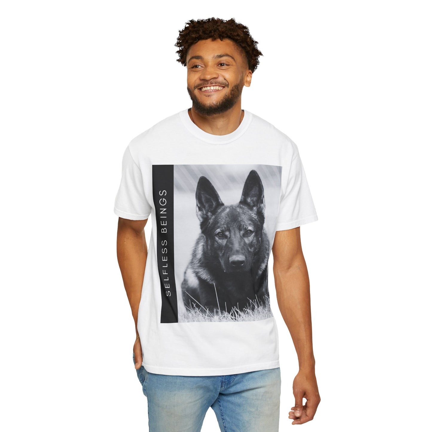 Unisex Dog Lover T-Shirt With a Working Line German Shepherd Resting on the Grass and Caption Selfless Beings