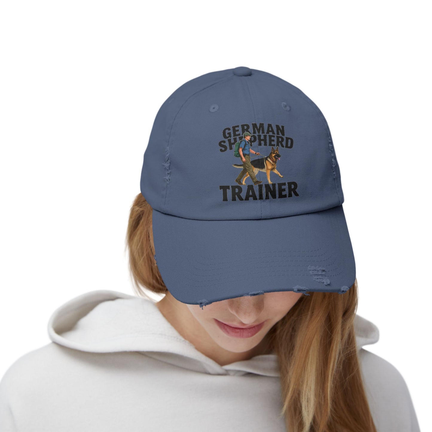 Unisex Distressed Cap Featuring a Trainer Leading German Shepherd, Dog Trainer Gift