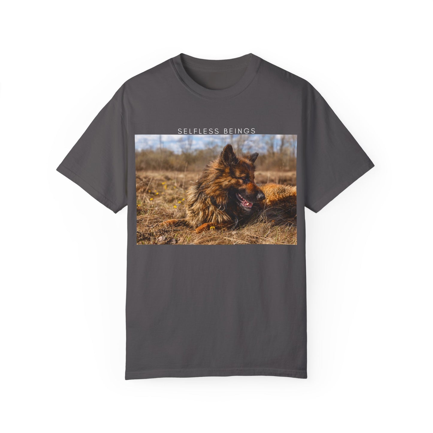 Unisex Dog Lover T-Shirt With a German Shepherd Lying on the Dry Grass in Spring and Caption Selfless Beings