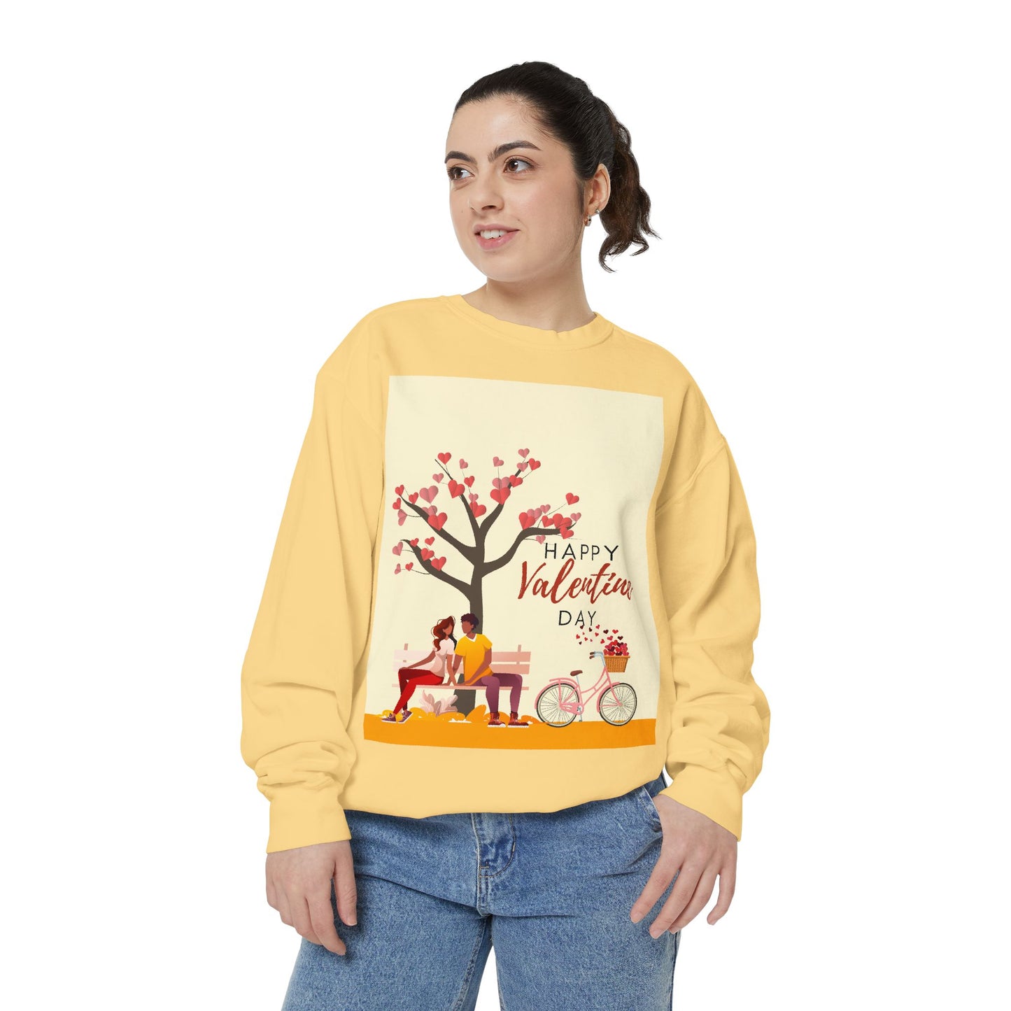 Unisex Valentine's Day Sweatshirt With Art Showing Couple Sitting on a Bench Under the Tree and Caption Happy Valentine's Day