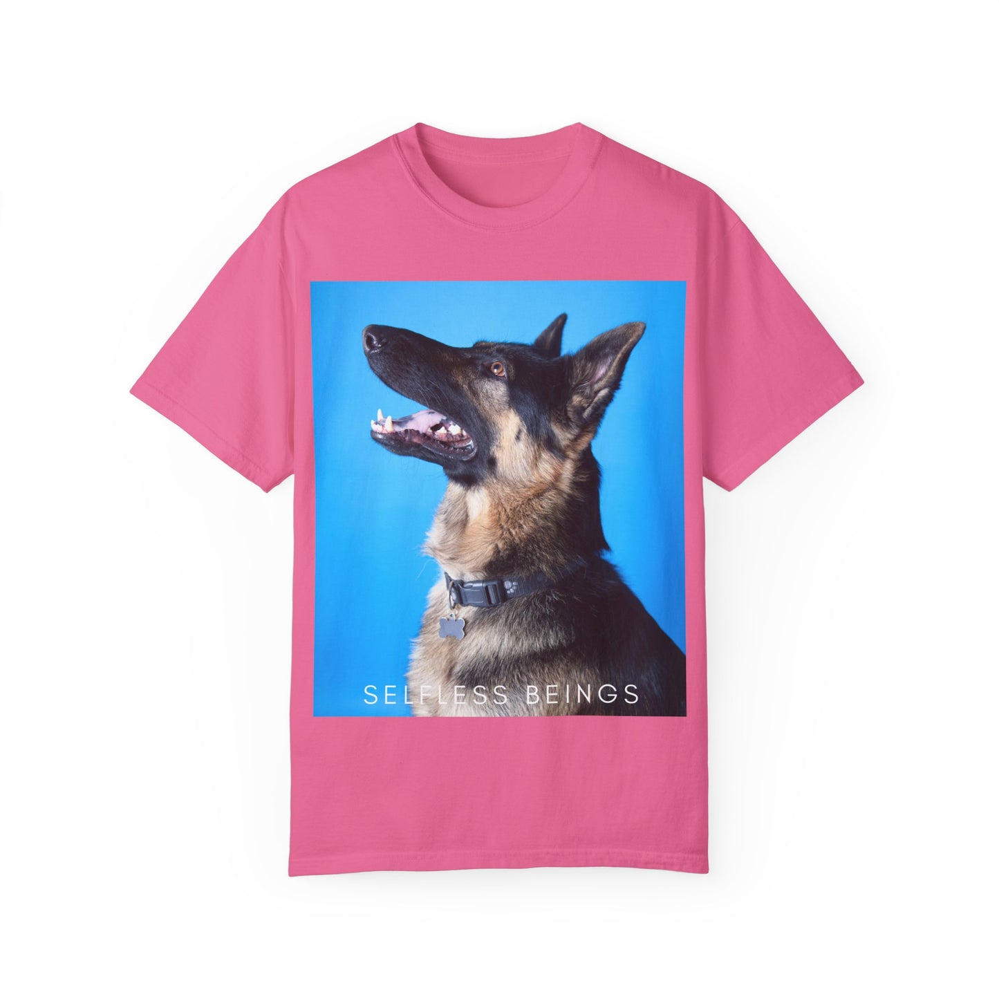Unisex Dog Lover T-Shirt With Close Up Portrait of German Shepherd from Side Angle, Having Blue Background and Caption Selfless Beings