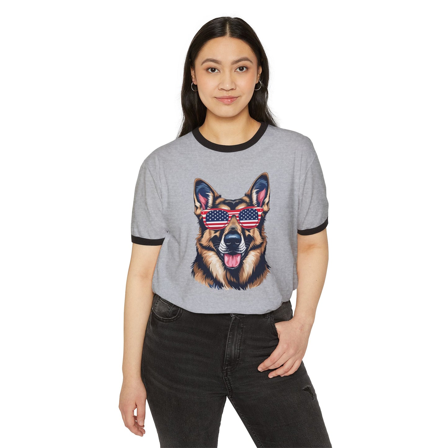 Patriotic Dog Lover German Shepherd Tee - Unisex Cotton Ringer T-Shirt with American Flag Sunglasses, Pet Owner Gift, 4th of July Apparel, Fun Summer