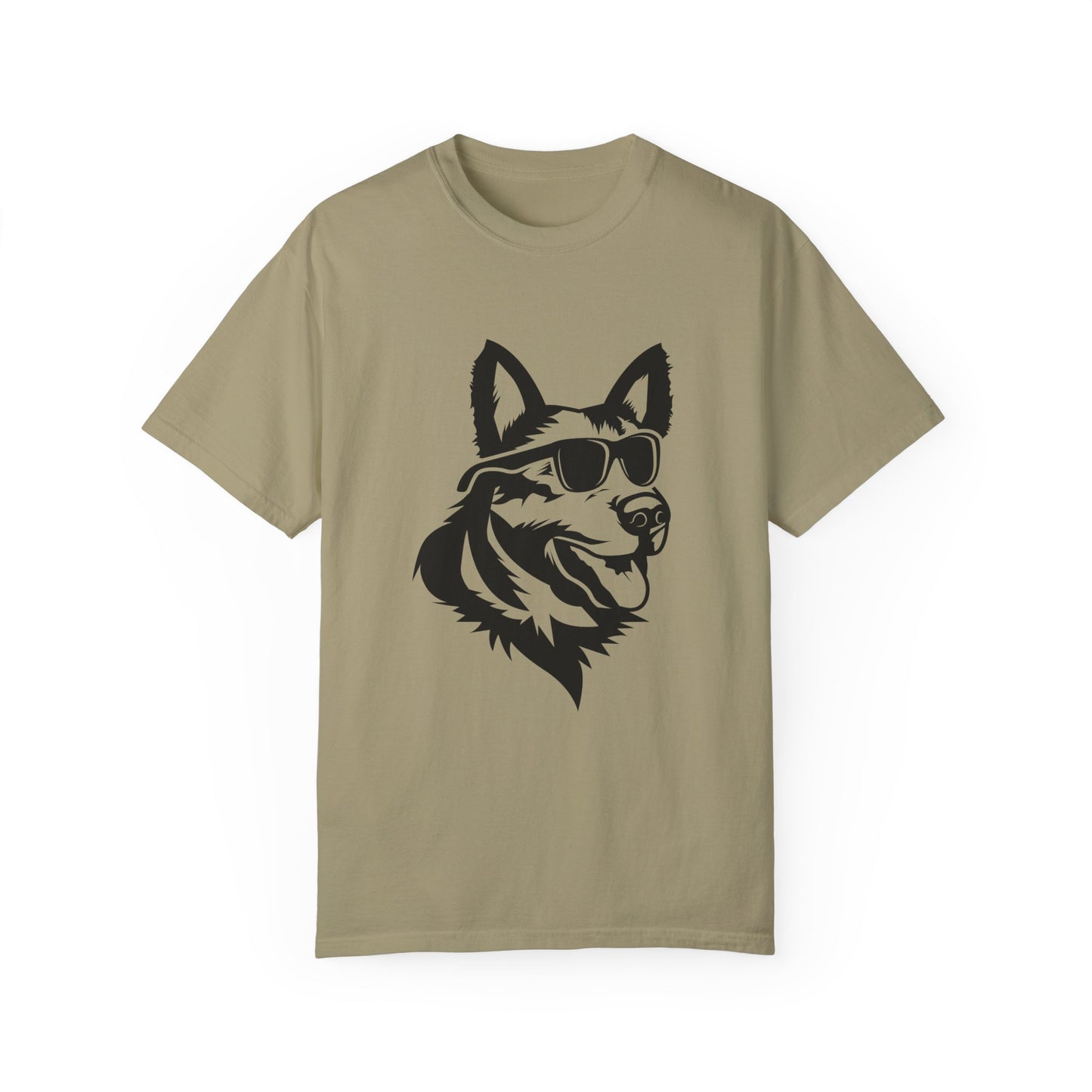 Unisex Dog Lover T-Shirt With a Graphic of Close Up Faced German Shepherd Wearing Black Glasses