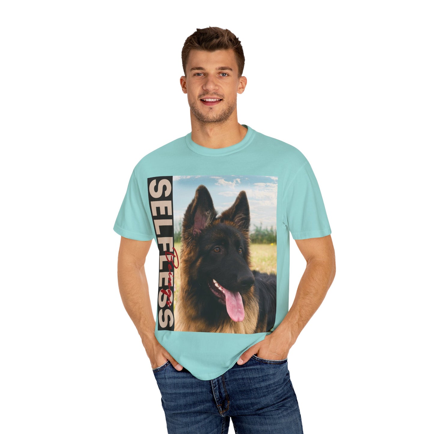 Unisex Dog Lover T-Shirt With Young Long Coat German Shepherd Looking Sideways Leaving Tongue Out and Caption Selfless Beings Written With Beige Red