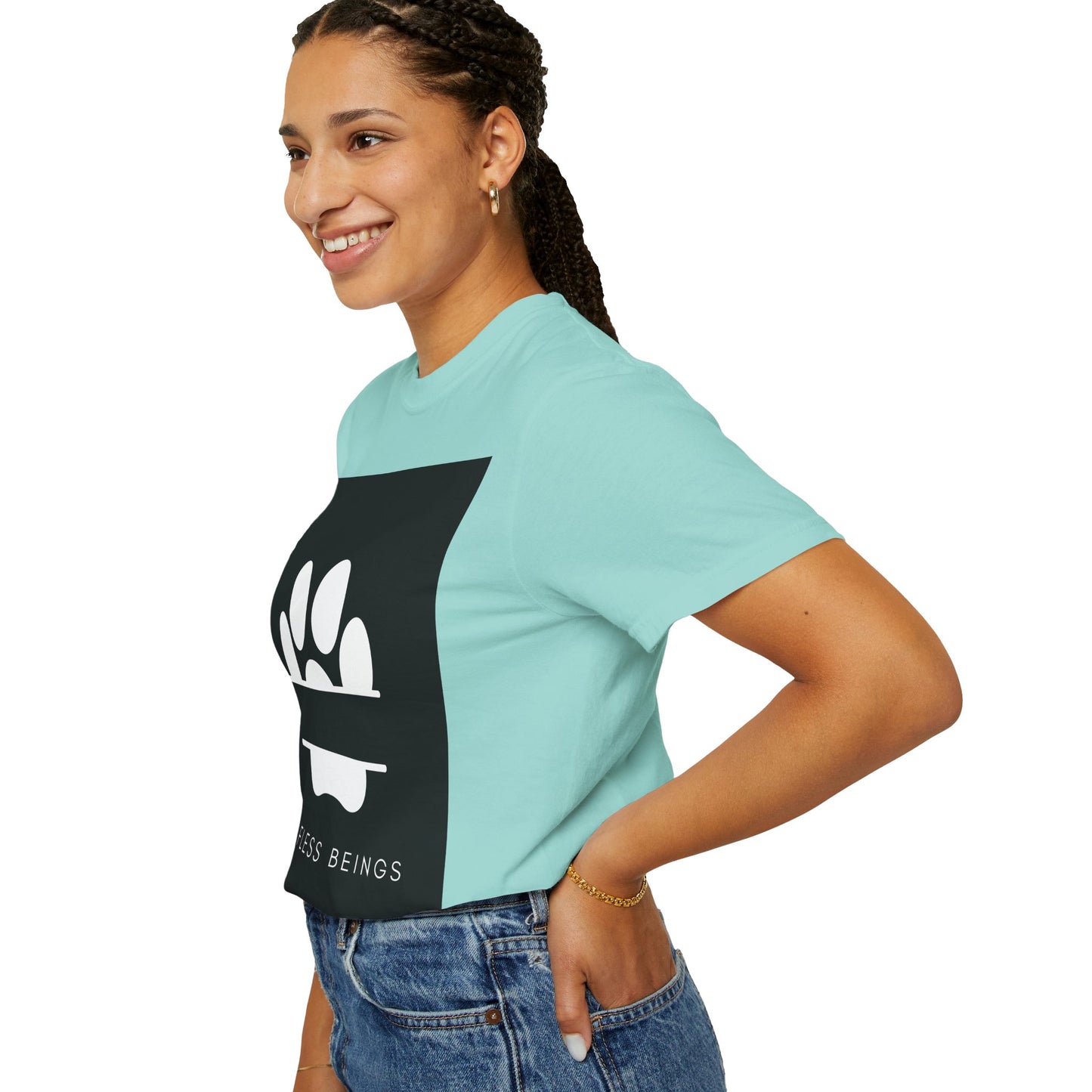 Unisex Dog Lover T-Shirt With Design of Dog's White Paw Print Whose Metacarpal is Split and Caption Selfless Beings