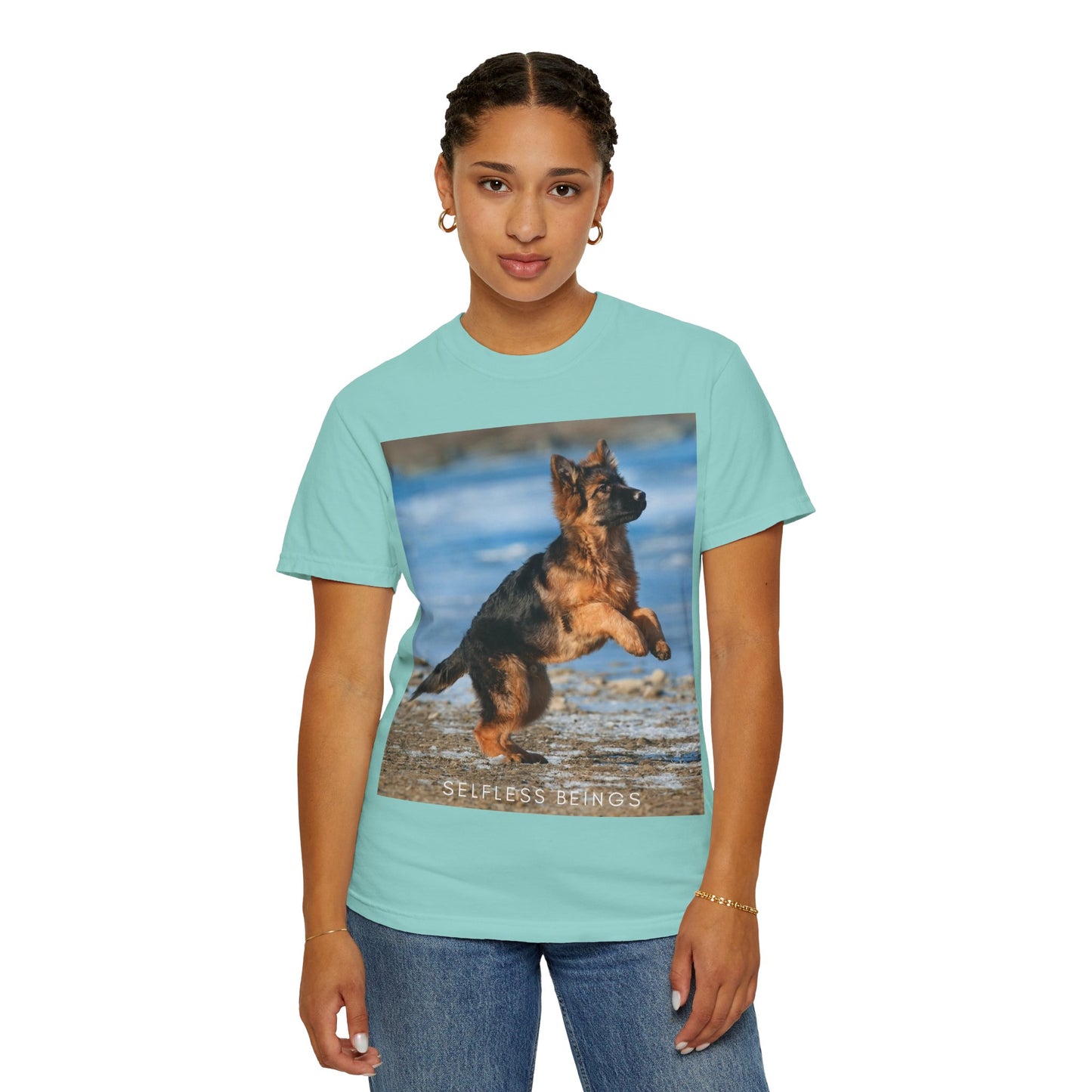 Unisex Dog Lover T-Shirt With Gorgeous German Shepherd Puppy Standing on Back Legs at Seashore and Caption Selfless Beings