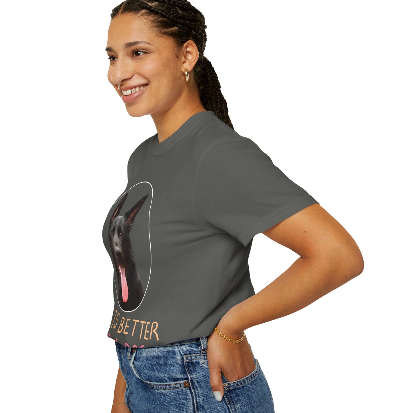 Unisex Dog Lover T-Shirt With Black German Shepherd Leaving Tongue Out and Caption Life is Better With A Dog