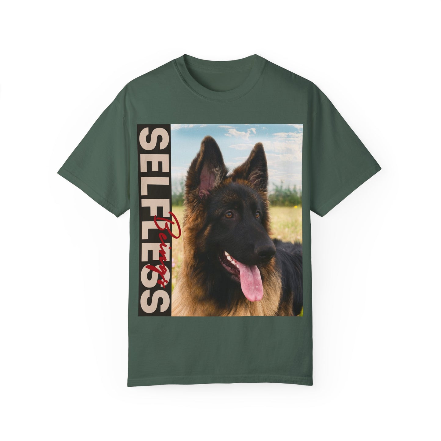 Unisex Dog Lover T-Shirt With Young Long Coat German Shepherd Looking Sideways Leaving Tongue Out and Caption Selfless Beings Written With Beige Red