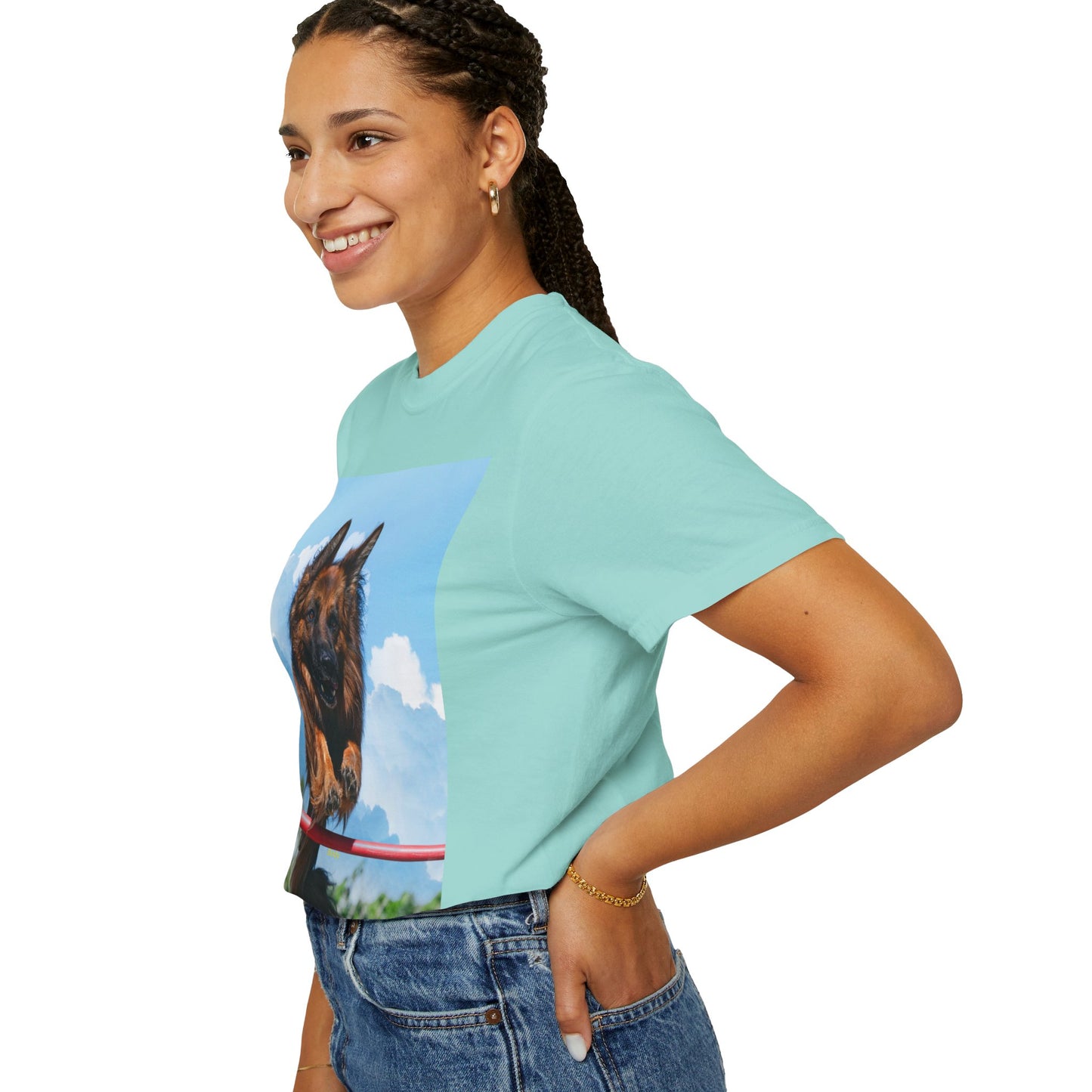 Unisex Dog Lovers T-Shirt Featuring a German Shepherd Jumping An Agility Fence