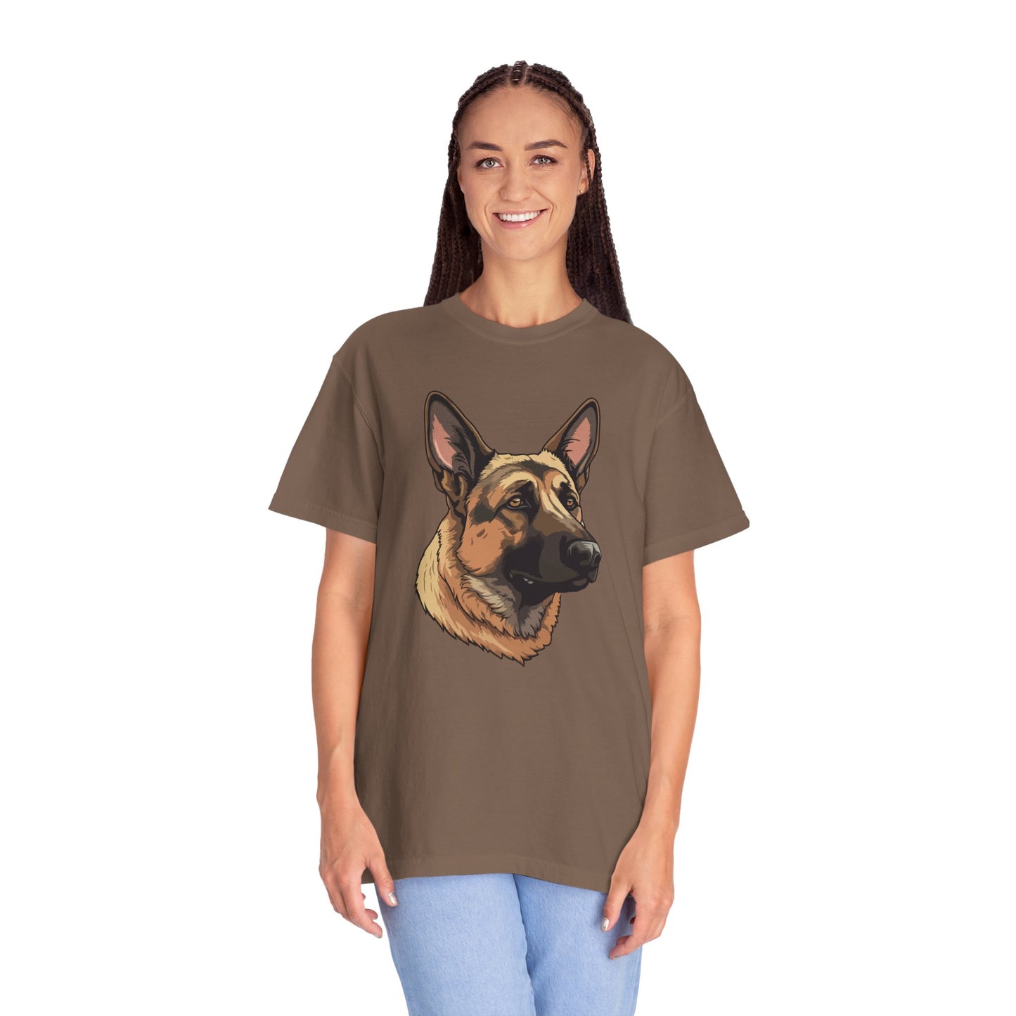 Unisex Dog Lover T-Shirt With a Close Up Graphic of Serious German Shepherd