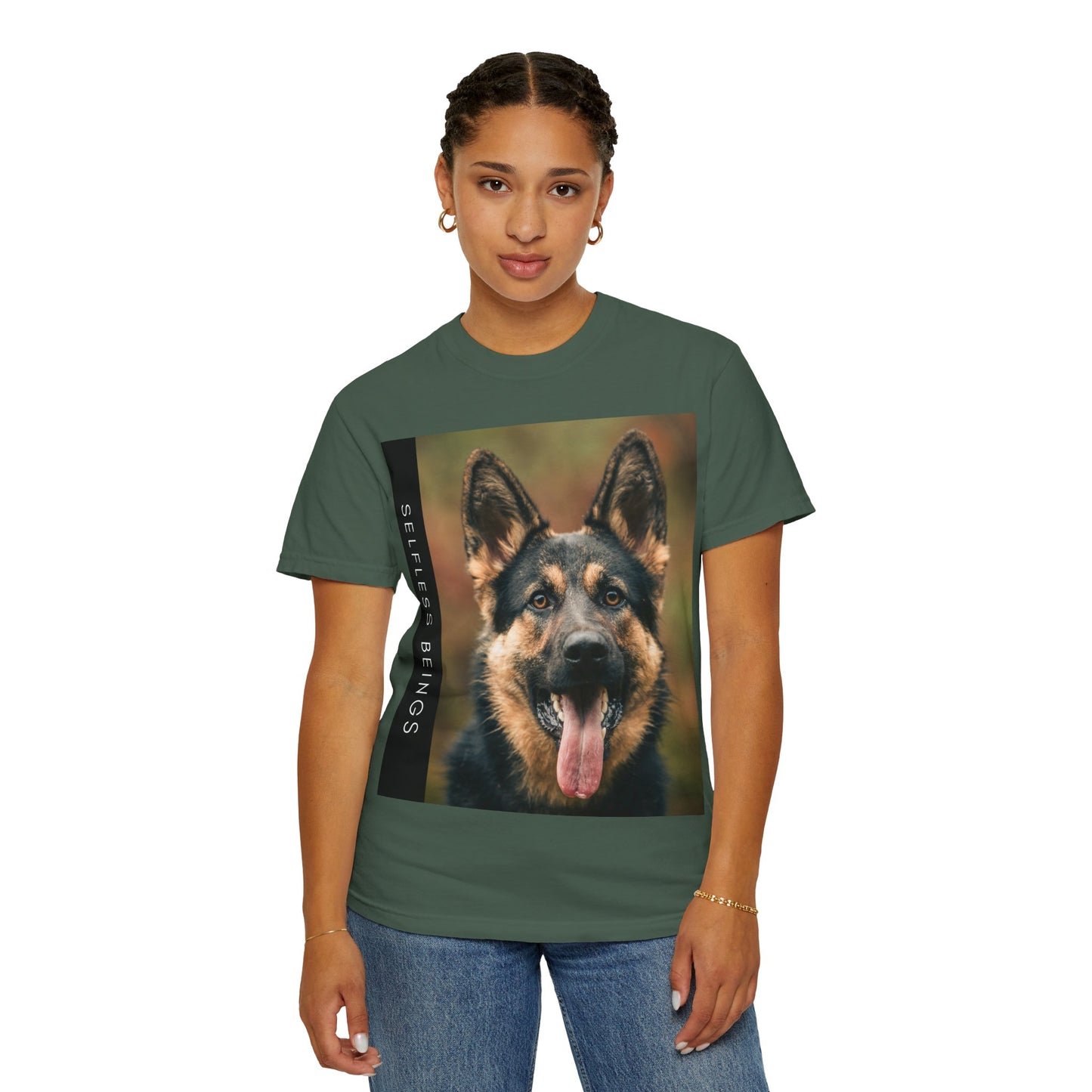 Unisex Dog Lover T-Shirt With Close Up of German Shepherd Leaving His Tongue Out and Caption Selfless Beings