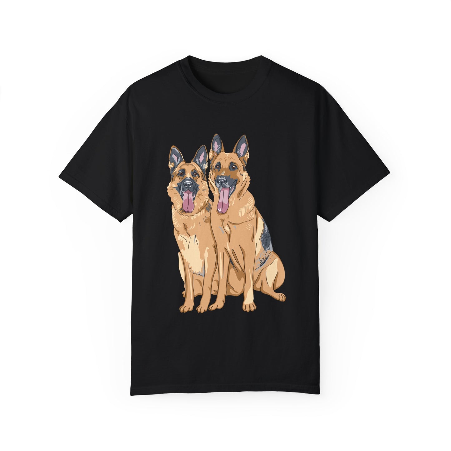 Unisex T-Shirt With Graphic of Two German Shepherds Sloppily Sitting Leaving Tongue Out