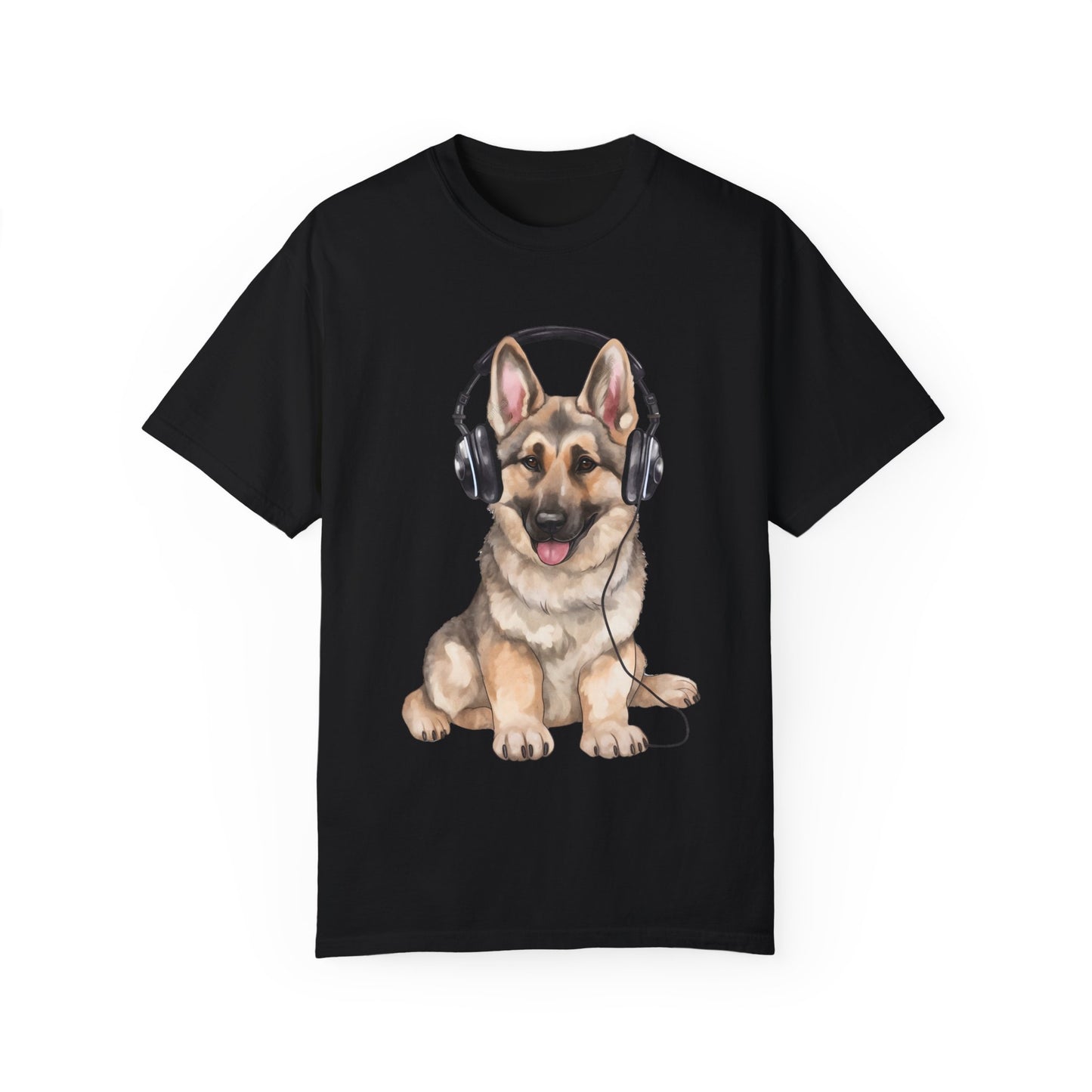 Unisex Dog Lover T-Shirt With a Graphic of German Shepherd Wearing Headphones Enjoying Music