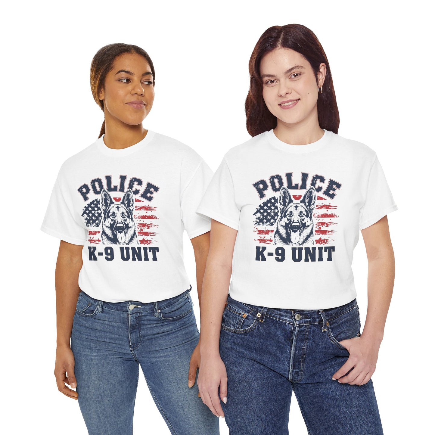 Patriotic Police K-9 Unit T-Shirt With American Flag in Background, Unisex Heavy Cotton Tee