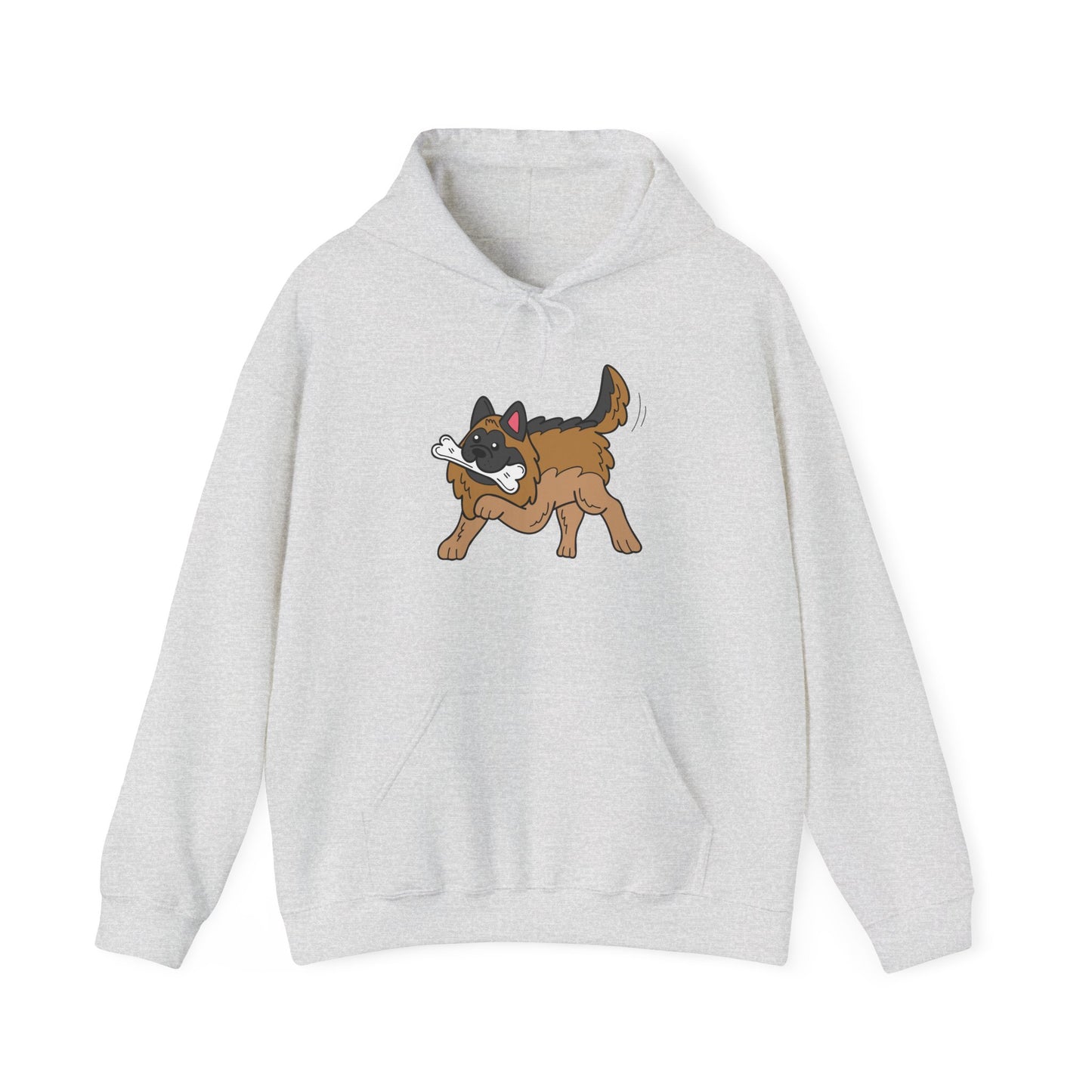 Unisex Dog Lover Hoodie With a Graphic of a German Shepherd Holding a White Bone in Mouth