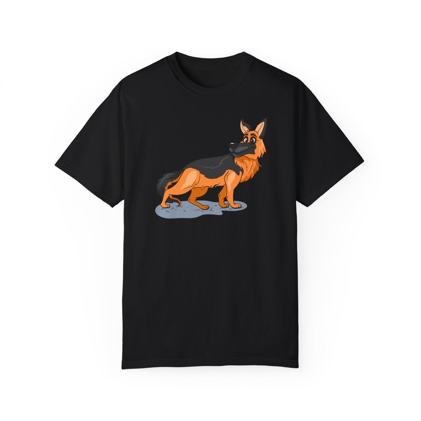 Unisex Dog Lover T-Shirt With a Cartoon of Astonished German Shepherd Turning His Head