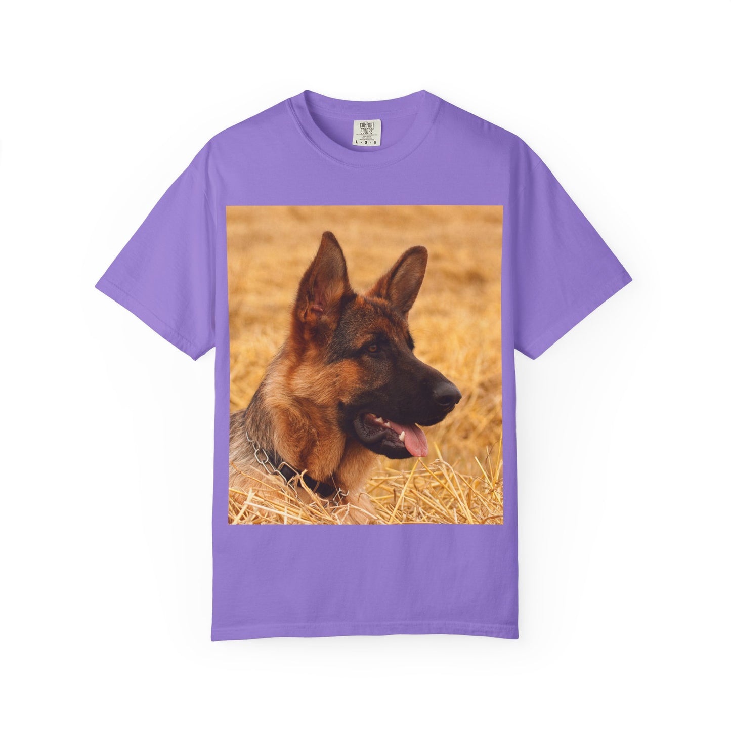 Unisex Dog Lovers T-Shirt Featuring German Shepherd Resting on the Dry Grass
