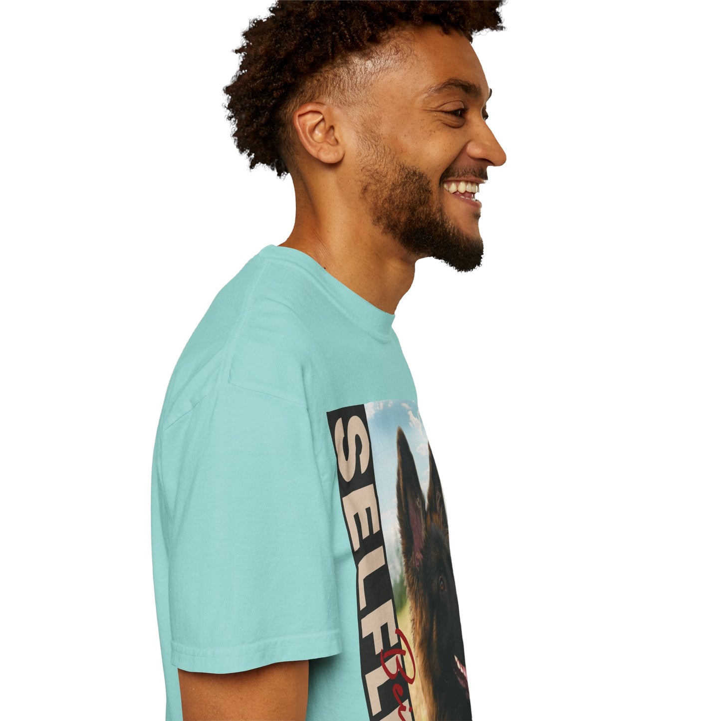 Unisex Dog Lover T-Shirt With Young Long Coat German Shepherd Looking Sideways Leaving Tongue Out and Caption Selfless Beings Written With Beige Red