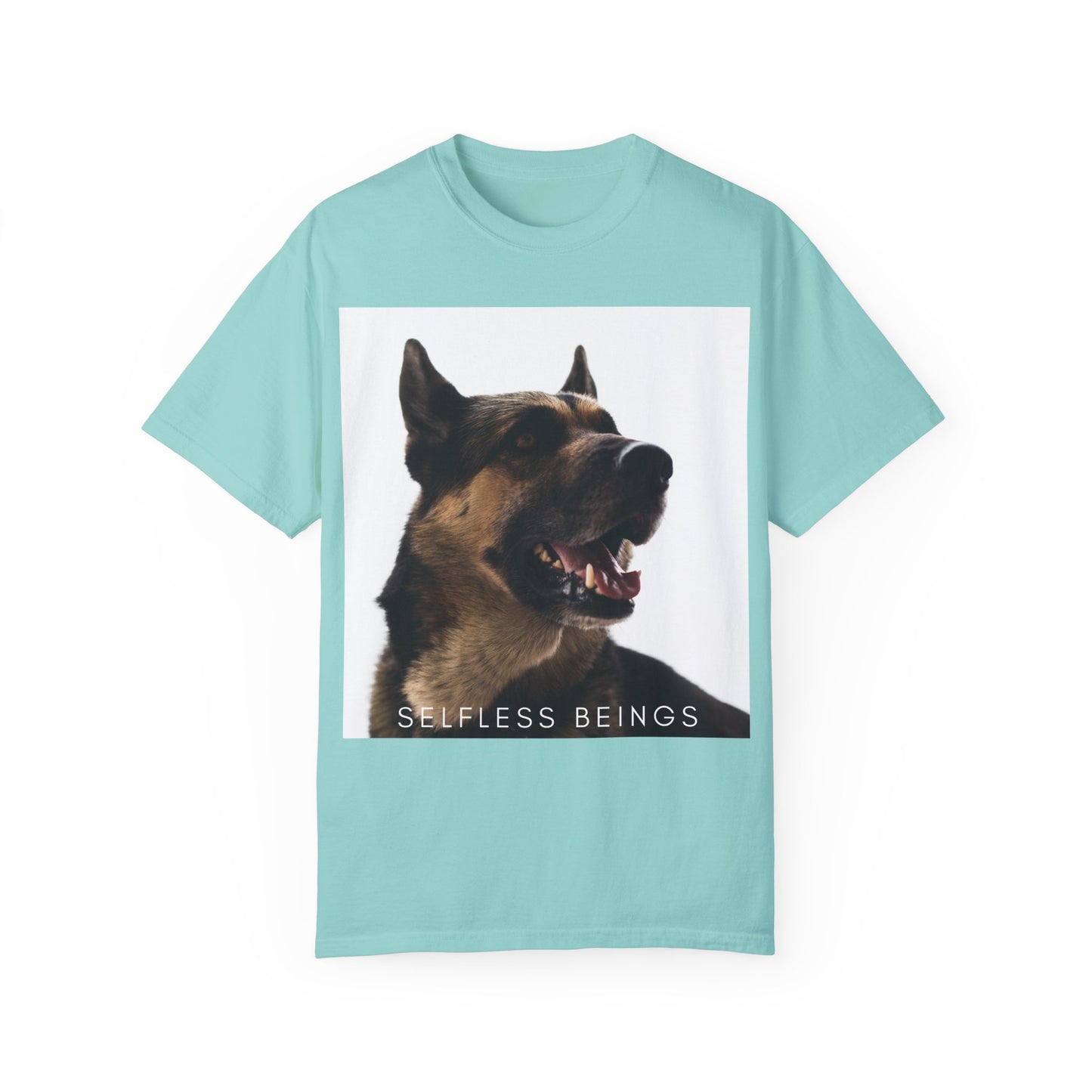 Unisex Dog Lover T-Shirt With Close Up of Large German Shepherd Turning His Face and Caption Selfless Beings